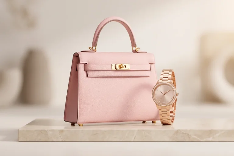 Premium luxury designer leather handbag and a rose gold women's watch on a minimal beige marble surface for an amazon prime sale guide on beautybeauty.in.