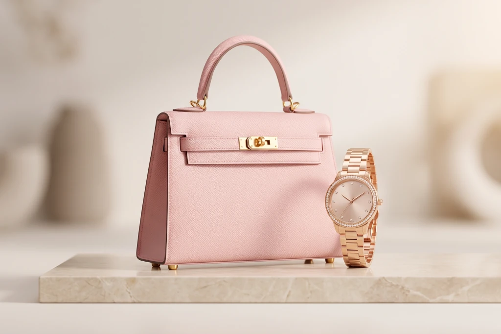 Premium luxury designer leather handbag and a rose gold women's watch on a minimal beige marble surface for an amazon prime sale guide on beautybeauty.in.
