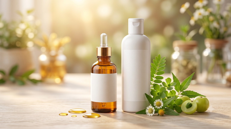 Premium herbal hair oil dropper bottle and shampoo on a natural wood surface with green leaves for a beautybeauty.in Malayalam review guide.