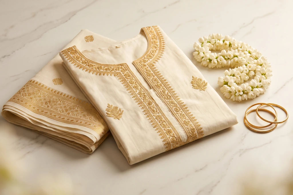 Premium traditional Kerala style bridal kurta set with golden embroidery and jasmine flowers on an ivory marble surface for a beautybeauty.in wedding fashion guide.