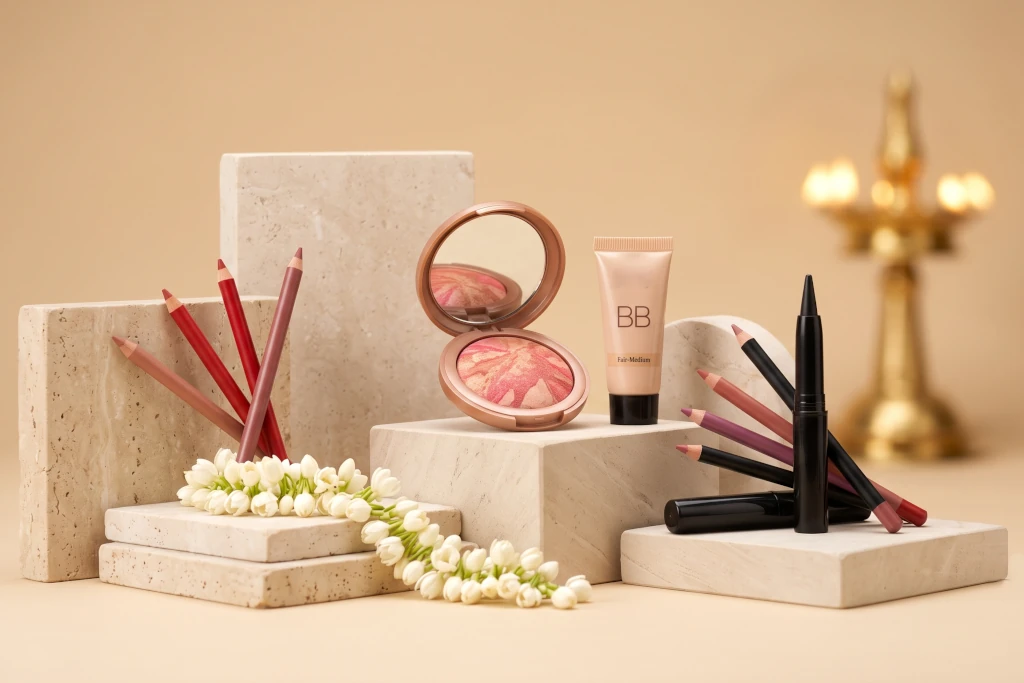 Luxury product photography of affordable makeup items including lip liners and blushes displayed on minimal stone podiums with traditional Kerala jasmine flowers, showcasing the best budget makeup under 500 rupees.