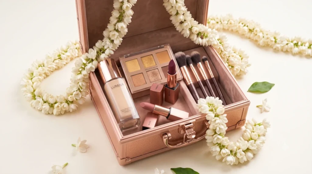 beauty and makeup products in a vanity box