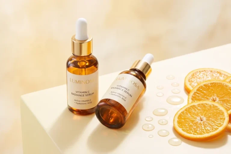 Premium glass serum dropper bottles with fresh orange slices and clear liquid droplets on a minimal pastel yellow background for a beautybeauty.in Malayalam review guide.