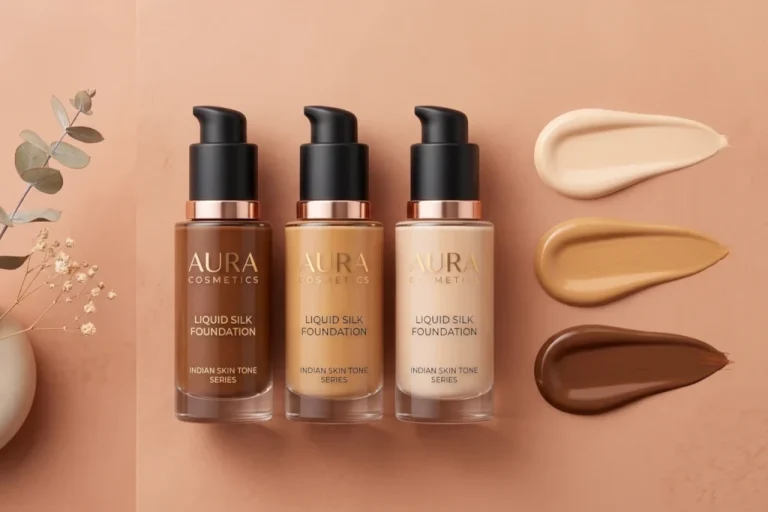 Premium liquid foundation glass bottles and realistic Indian skin tone shade swatches on a minimal terracotta background for a beautybeauty.in Malayalam review guide.