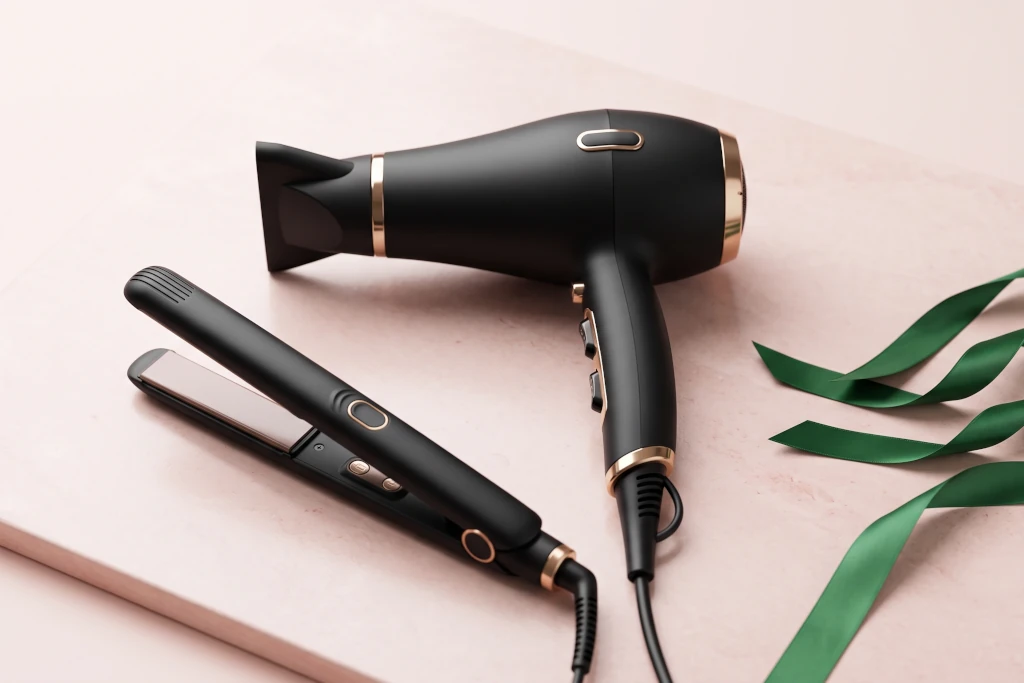 Premium matte black hair dryer and ceramic straightener tool with gold accents on a minimal blush pink surface for a beautybeauty.in review guide.