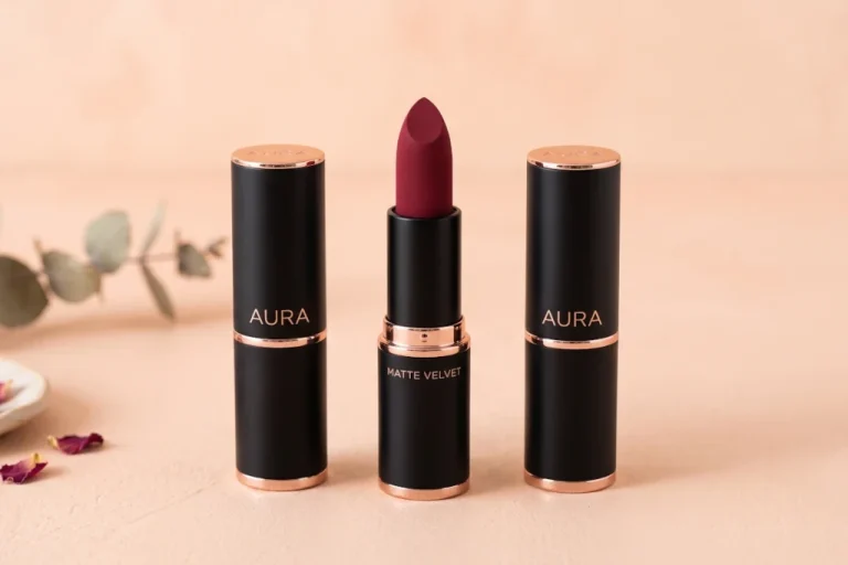 Premium matte lipsticks and cosmetics collection arranged on a clean pastel peach background for a beautybeauty.in Malayalam review guide.