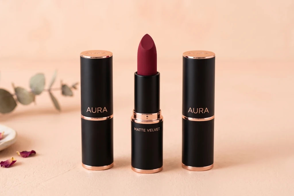 Premium matte lipsticks and cosmetics collection arranged on a clean pastel peach background for a beautybeauty.in Malayalam review guide.