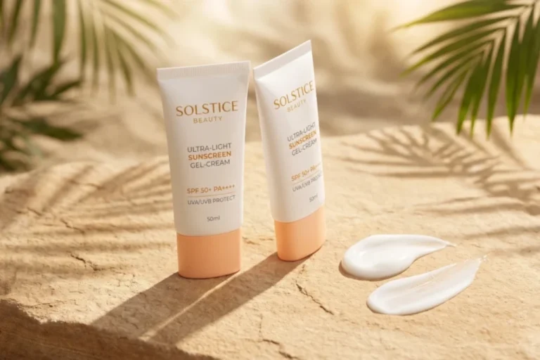Premium lightweight oil-free sunscreen tubes and non-greasy gel cream textures on a warm stone surface with tropical leaf shadows for a beautybeauty.in Malayalam review guide.