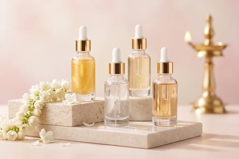 Luxury glass face serum dropper bottles displayed on minimal stone podiums with traditional Kerala jasmine flowers, showcasing the best active ingredient serums for acne and dark spots in India.