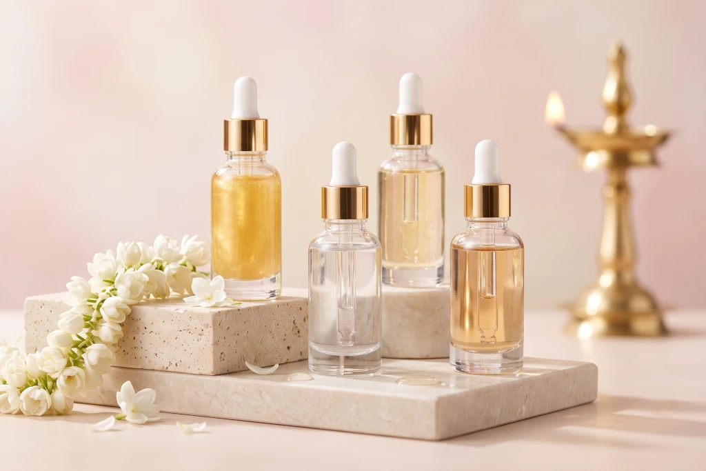Luxury glass face serum dropper bottles displayed on minimal stone podiums with traditional Kerala jasmine flowers, showcasing the best active ingredient serums for acne and dark spots in India.