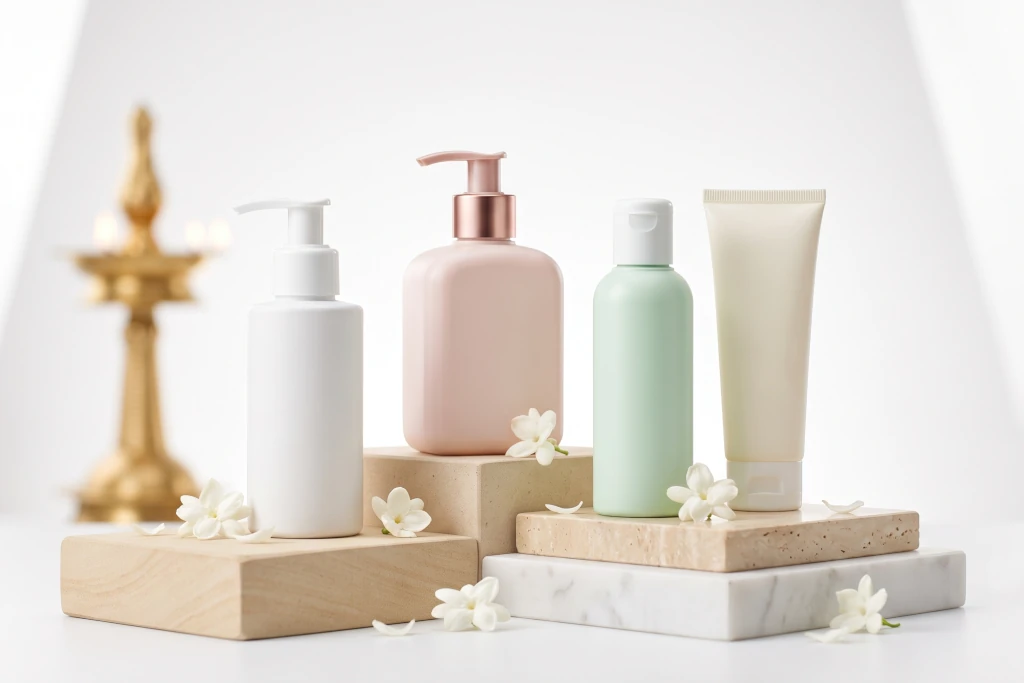 Luxury skincare cleanser bottles displayed on minimal stone podiums with traditional Kerala jasmine flowers, showcasing the best gentle face wash options in India for maintaining a healthy skin barrier.