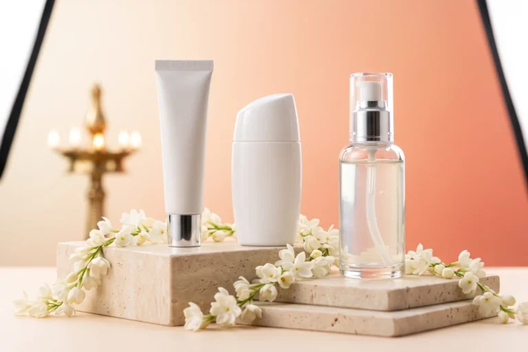 Luxury global beauty products including French barrier cream, Japanese sunscreen, and Korean essence displayed on minimal stone podiums with traditional Kerala jasmine flowers, showcasing the best international skincare brands available in India.