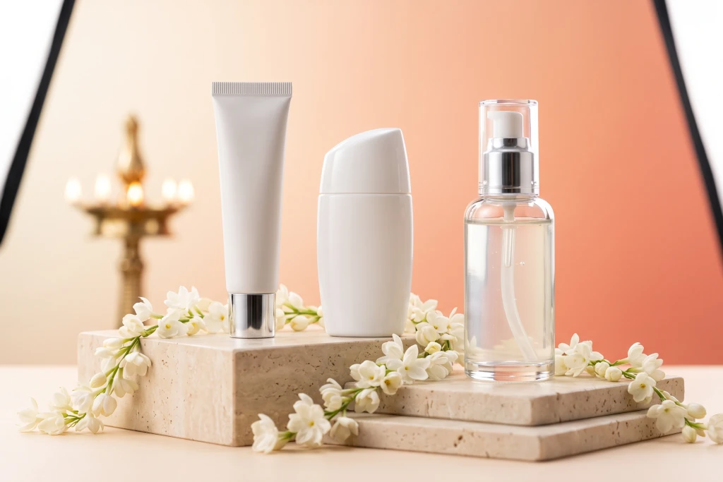 Luxury global beauty products including French barrier cream, Japanese sunscreen, and Korean essence displayed on minimal stone podiums with traditional Kerala jasmine flowers, showcasing the best international skincare brands available in India.