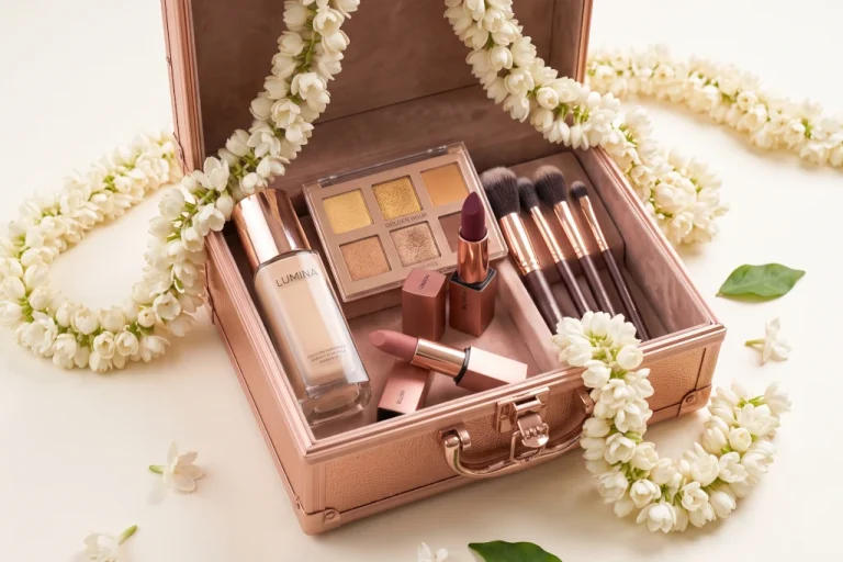 Premium luxury bridal makeup vanity kit case with luxury cosmetics and jasmine flowers on an ivory background for a beautybeauty.in wedding guide.