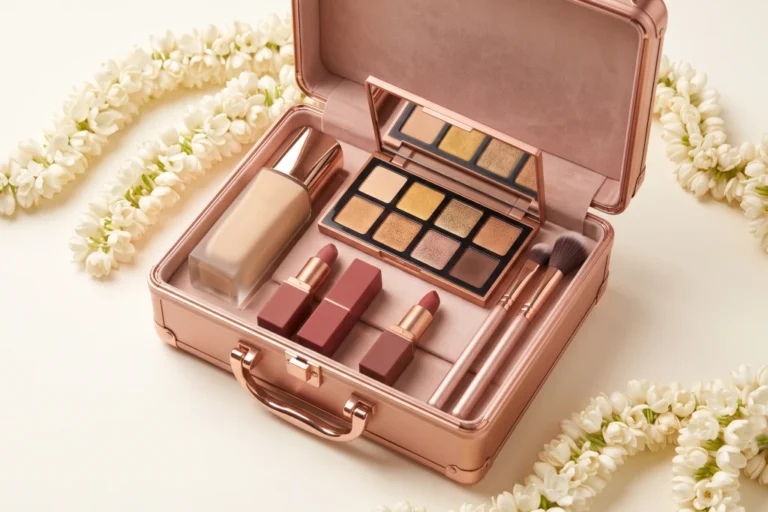 Luxury makeup compact powder and matte liquid lipsticks displayed on minimal stone podiums with traditional Kerala jasmine flowers, showcasing the best smudge-proof Maybelline Fit Me and SuperStay makeup for humid weather.